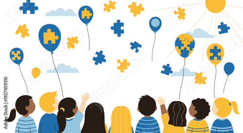 Celebrating World Down syndrome day with diverse group of people releasing blue and yellow balloons with puzzle pieces into the sky