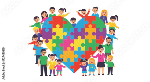 Celebrating World Down syndrome day with diverse children around a colorful puzzle heart symbolizing unity and inclusivity