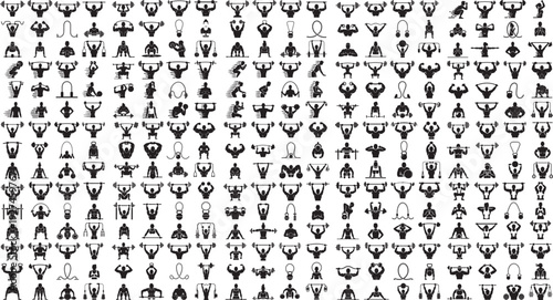 Collection of various fitness and exercise icons and symbols for healthy lifestyle and workout routine planning