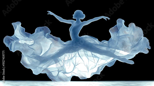 A silhouette of a graceful dancer in mid-air with elegant gown 