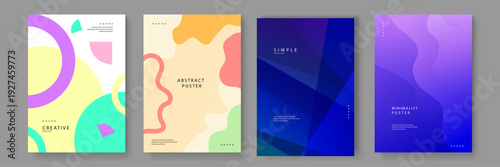 A diverse bundle of four modern posters ranging from playful organic circles to sharp professional blue geometric layers