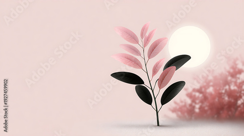 An artistic display of a plant with pink and black leaves in a serene setting