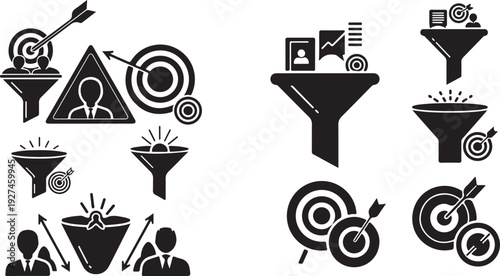 Business strategy and marketing concept icons in black and white
