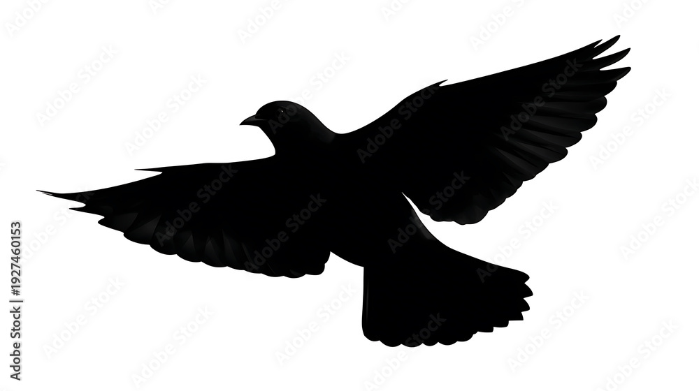 Obraz premium A silhouette of a dove in flight, a symbol of peace. The dove's wings are spread wide as it soars, against a bright background