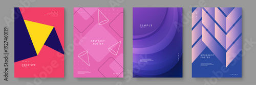 Set of four diverse modern posters featuring sharp geometric triangles 3D cones and fluid purple waves for creative project layouts