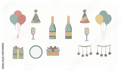 Minimal Hand Drawn New Year Party Decoration Vector Set with Balloons Champagne and Confetti