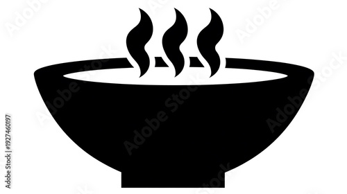 A monochrome graphic featuring a hot soup bowl, with steam rising above it