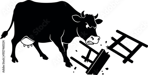 Angry Black Cow Destroying Wooden Fence in Field Illustration