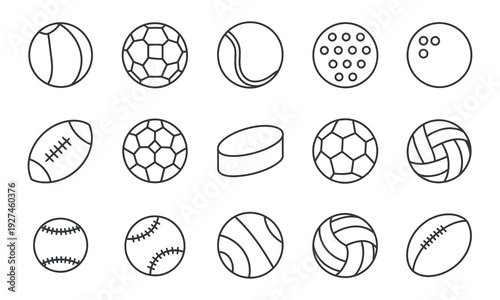 Sports Ball Line Icon Set featuring thin stroke vector illustrations for soccer, basketball, and tennis, perfect for modern sports app interfaces and clean website navigation menus.