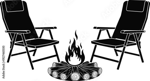Black, campfire, silhouette, with, two, camping, chairs, outdoor, fire, pit, burning, wood, logs, leisure, relaxation, adventure, equipment, vector, set, collection.