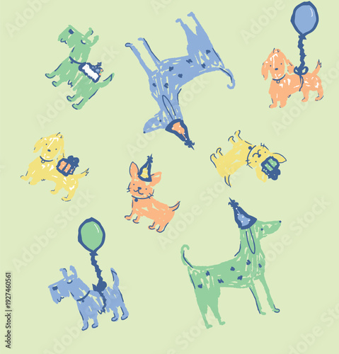 Canvas Print Cute cartoon dogs party pattern, colorful puppies with balloons and party hats