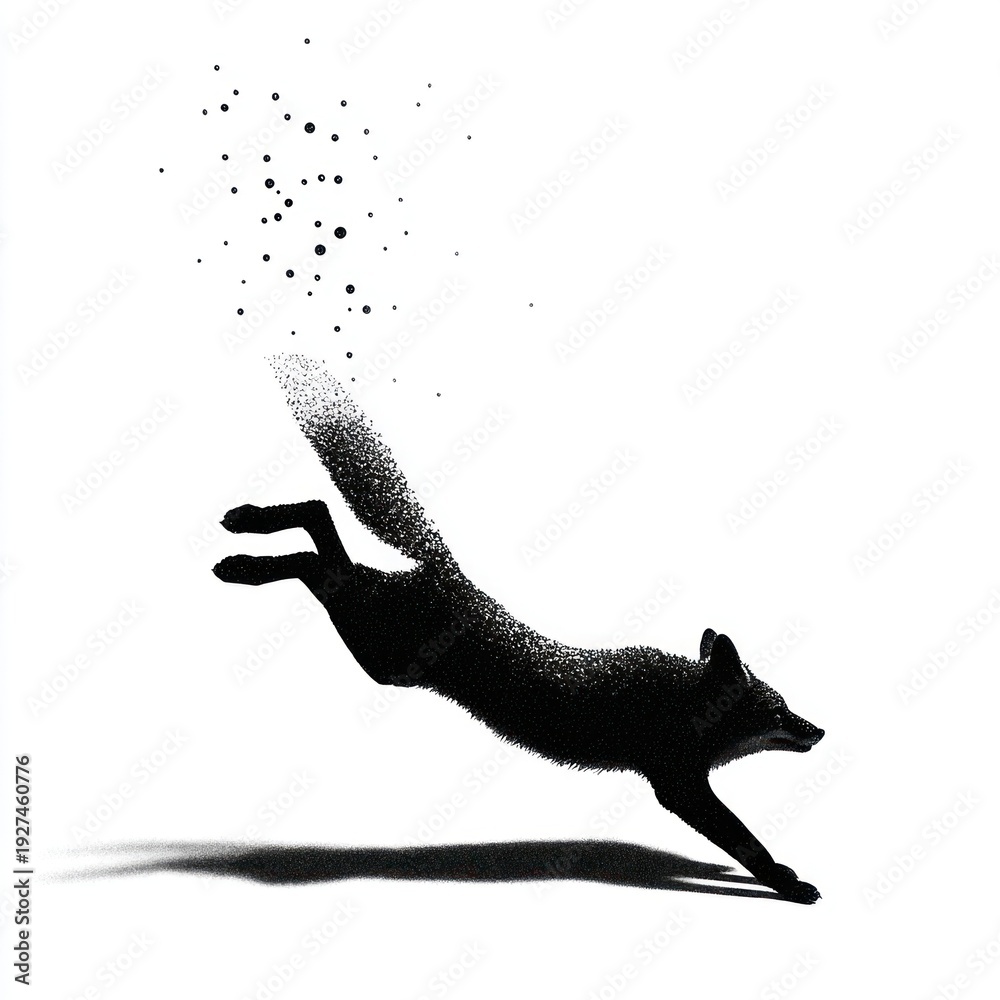 Fototapeta premium Fox falling backward silhouette black white.