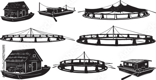 Black silhouettes of cows and milk equipment illustrations set