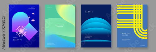 A curated bundle of four modern posters featuring a mix of fluid shapes neon gradients and geometric line art