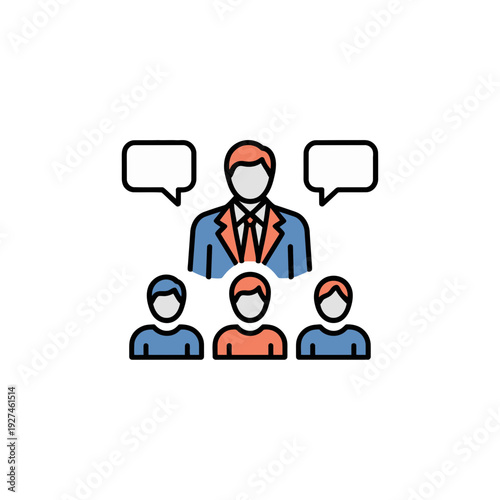 A minimalist vector illustration of a team leader communicating with team members
