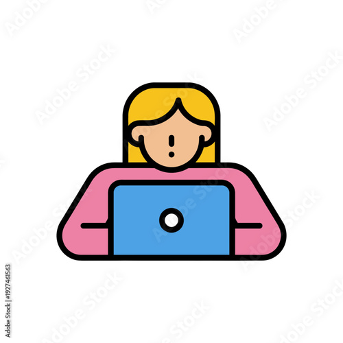A cartoon woman with a shocked expression sitting in front of a laptop computer