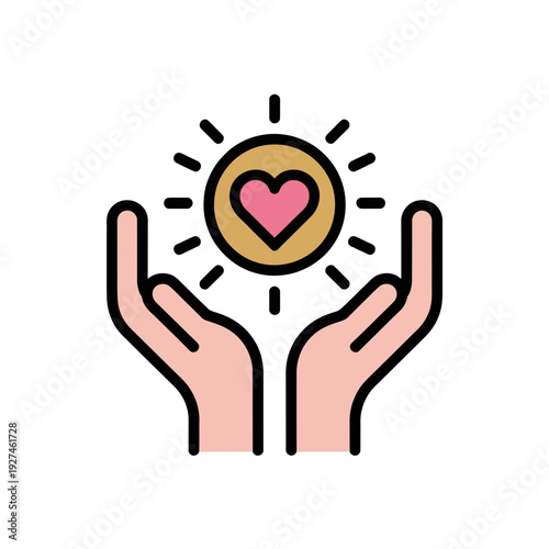 A vector graphic illustration of two hands holding a heart symbol with sun rays, representing love and care.