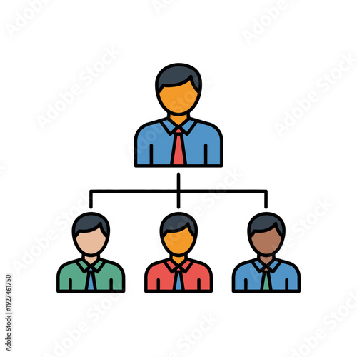 A vector graphic illustrating a hierarchical organizational chart with a manager and team members