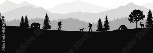 Minimalist hut landscape mountain skyline vector illustration.