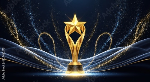 A shiny gold trophy with a star on top is displayed prominently