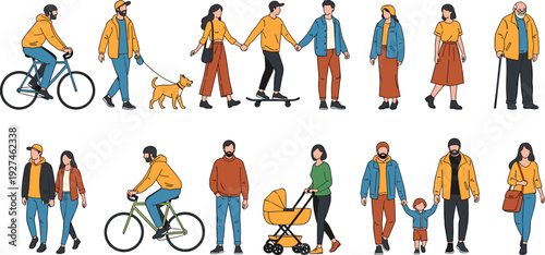 Collection of diverse people walking, cycling, parenting, and socializing outdoors, illustrating urban lifestyle, community interaction, and everyday activities in modern flat vector illustration