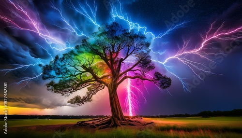 Witness The Mesmerizing Power Of Nature As An Electrifying Neon Lightning Bolt Strikes A Tree With Vibrant Intensity The Tree S Bark Is Exposed In A Captivating Swirl Of Black And Rainbow Seem