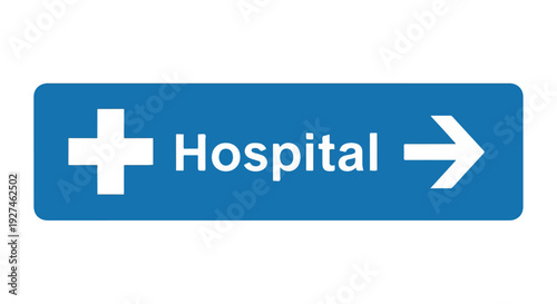 Direction sign to hospital with medical cross symbol