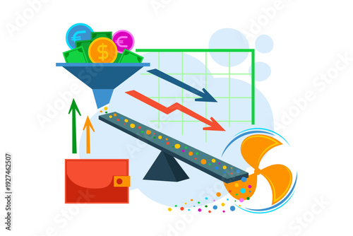 Concept of cost optimization with icons representing money, graphs, and processes