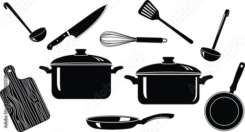Complete kitchenware set silhouette with pots pans knife cutting board and utensils for home cooking culinary classes and restaurant menu designs