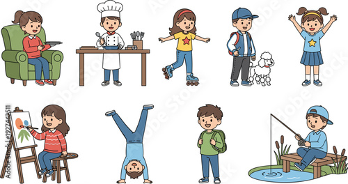 Cute children characters performing different activities including cooking, painting, skating, fishing and school life moments, colorful cartoon kids vector set isolated on white background