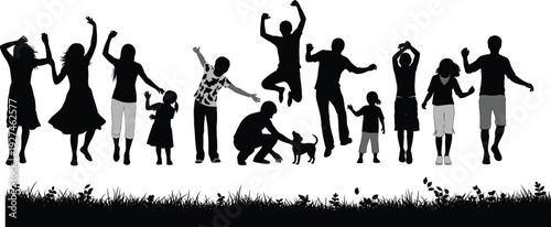 Crowd of happy people silhouettes jumping and dancing on grass with a dog representing community joy celebration and active lifestyle