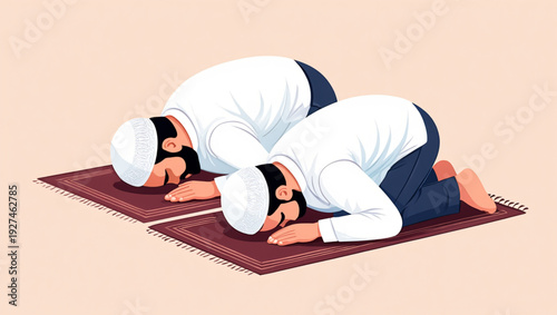 Muslim Men Performing Sajdah in Islamic Prayer Vector Illustration