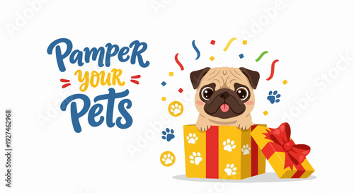 Pug dog behind gift box with red ribbon and colorful confetti celebrating pets