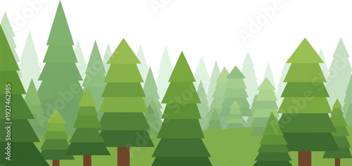 Stylized forest illustration in vibrant green, featuring a dense array of coniferous trees, evoking a concept of serene nature and wilderness with a modern flat design aesthetic