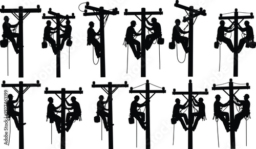 Single electrical line worker silhouette climbing utility pole, power technician with safety gear, isolated black vector illustration