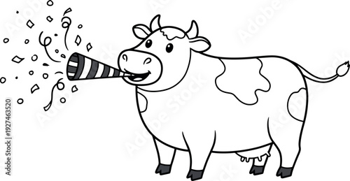 Cute Cartoon Cow Celebrating with Party Horn in Black and White Outline Style