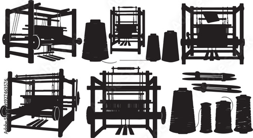 Silhouette of various looms and textile machinery equipment tools