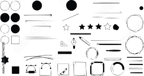 Displays a collection of hand-drawn design elements in black. This artistic approach gives the elements a casual, organic feel, as if they were created with pencil or ink, which can evoke a sense