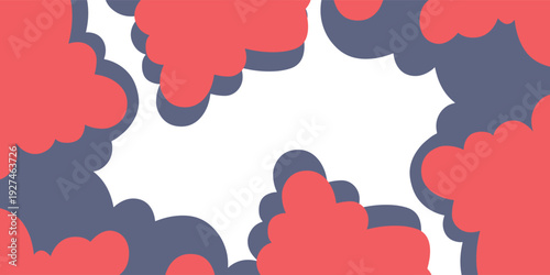 Abstract graphic background with red and blue comic book style explosion clouds framing a central white space.