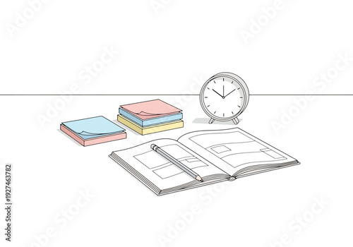 Open notebook with pencil stack of sticky notes and analog clock on white tabletop representing planning and time management for tasks and projects