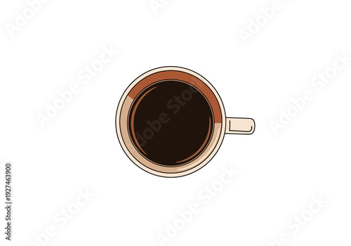 Overhead view of a ceramic cup filled with dark roasted coffee beverage against a plain white background with a subtle shadow effect