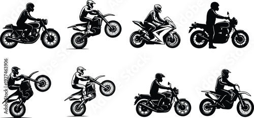 Motorcycle rider silhouettes collection, sport bike motocross stunt and street motorbike isolated black vector illustration set