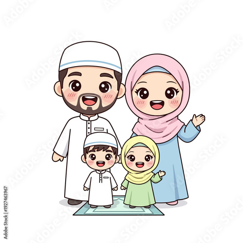 Happy Muslim Family with Children Praying Together.