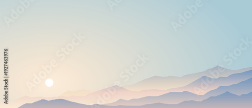 Minimalistic landscape, sunset in the mountains, ridges in the evening light and fog, vector illustration