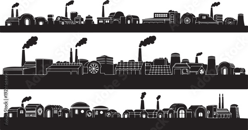 Industrial City Skyline Silhouette with Factories and Trains