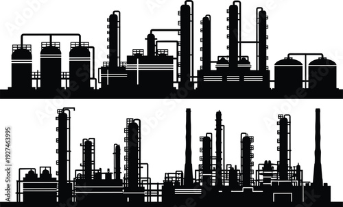 Oil refinery and petrochemical plant industrial factory skyline, energy production facility black silhouette vector illustration isolated