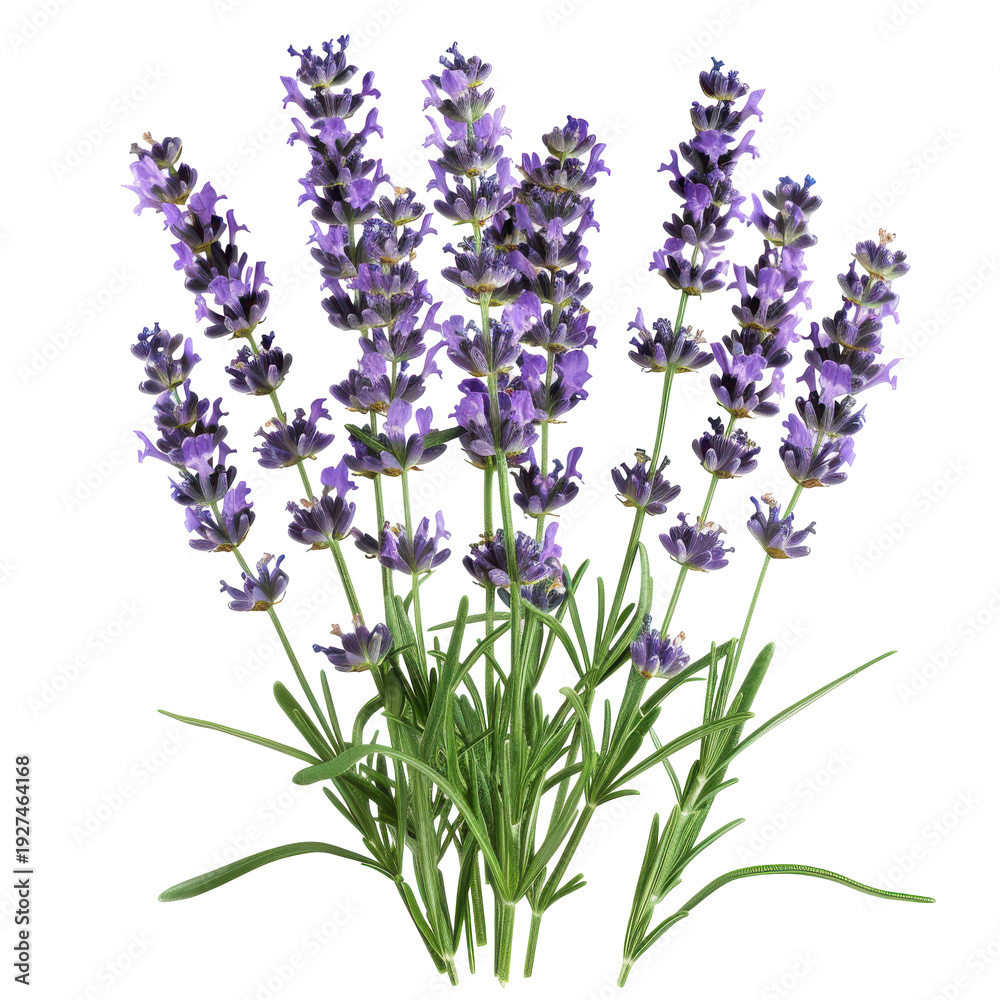 Obraz premium Vibrant lavender sprigs a close-up bouquet of purple flowers and green foliage isolated on white background