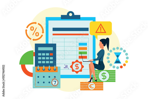 Woman sitting at table working on tax reporting. She using calculator and reviewing checklist on clipboard. Various money symbols and calendar indicating organization.