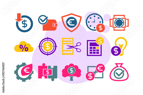 Various icons related to cost optimization and financial planning. Symbols including money, calculations, and tools for managing expenses