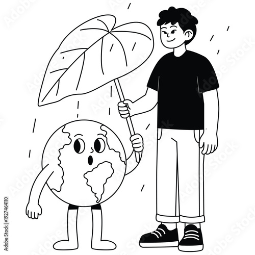 Minimal line illustration of a boy holding a leaf umbrella to protect the Earth from rain.